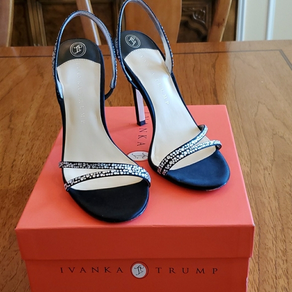 Ivanka Trump Shoes - Black Satin Rhinestone Heeled Sandals
